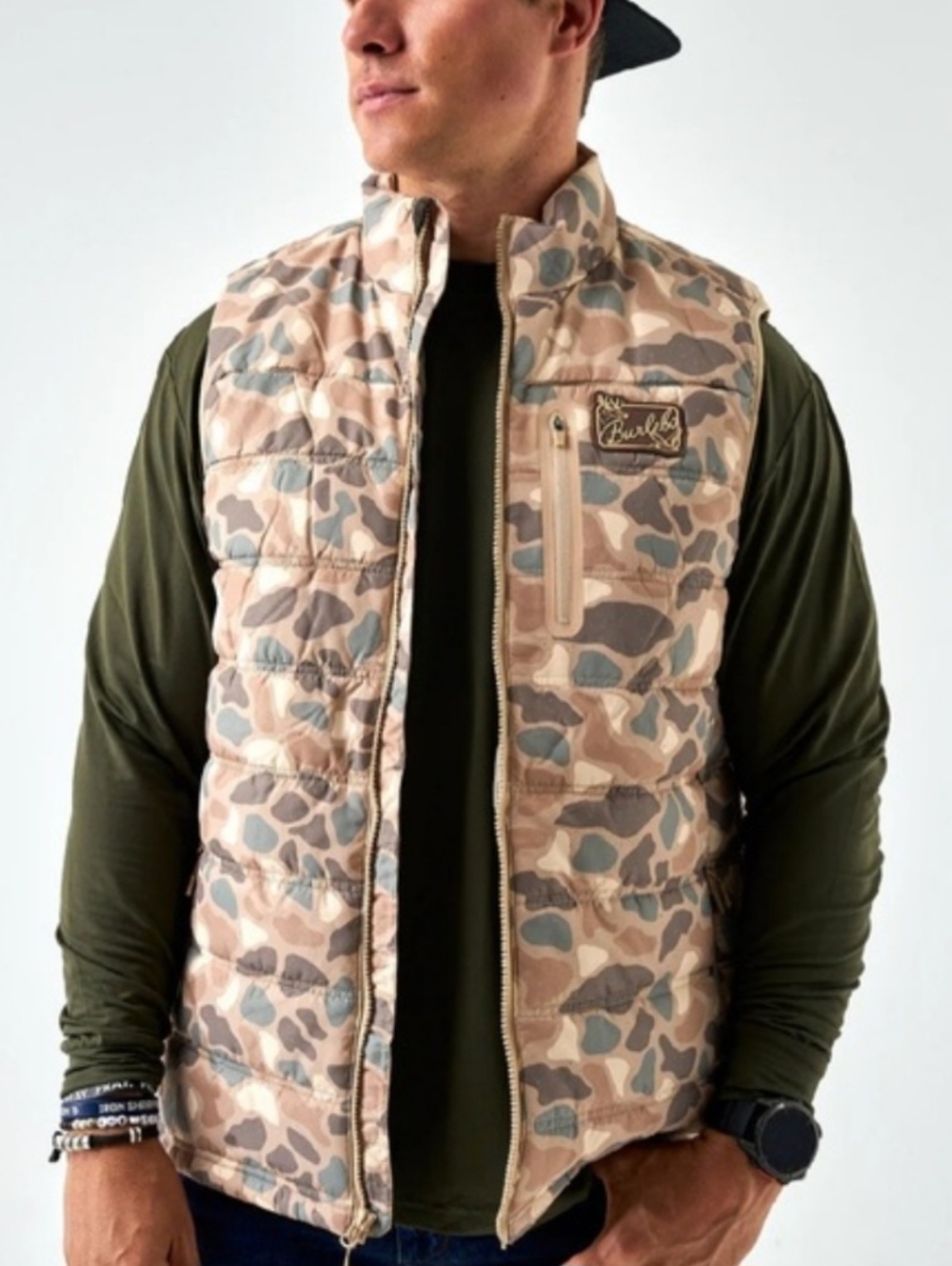Burlebo Men's Pintail Camo Quilted Puffer Vest in Tan and Olive